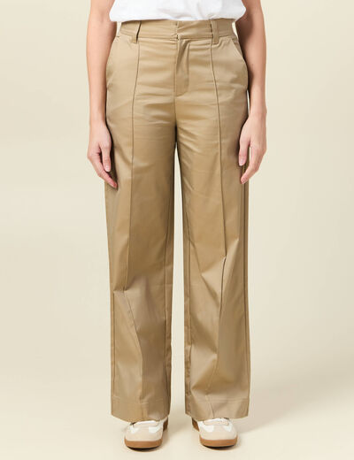 Pantalon large taille haute beige femme