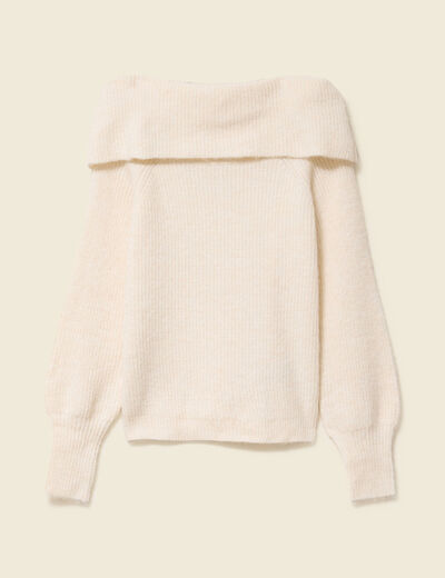 Pull manches longues col bardot ecru femme