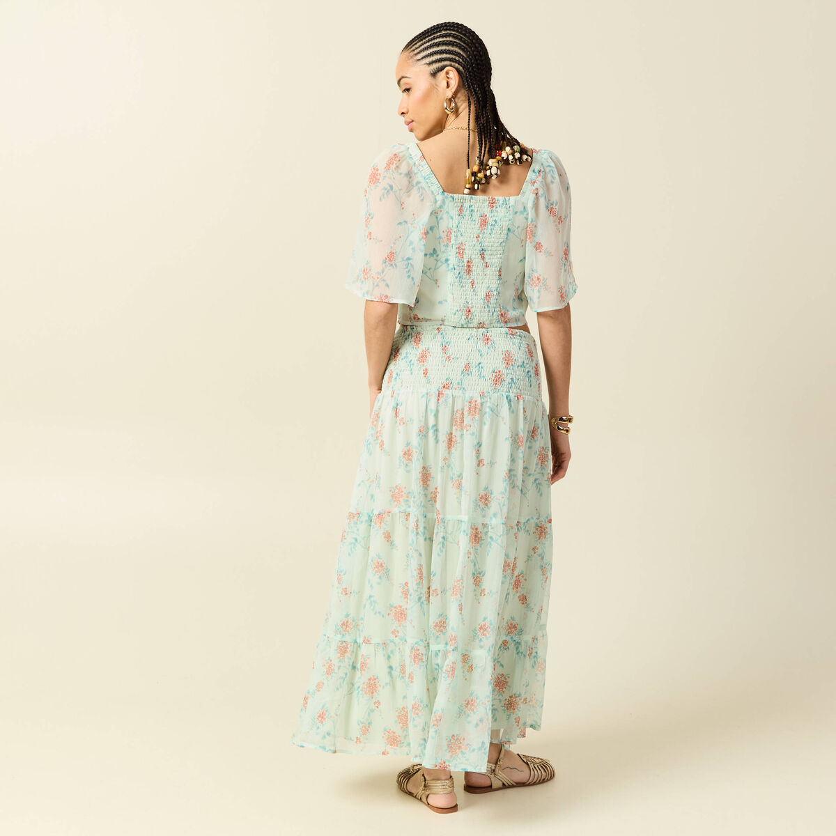 Top cintr&eacute; court voile col carr&eacute; vert pastel femme