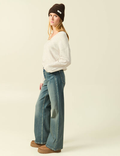 Jeans large taille haute bleu gris femme