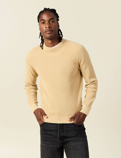 Pull manches longues col rond beige homme