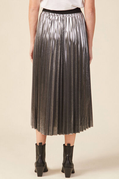 Jupe midi évasée plissée gris argent femme
