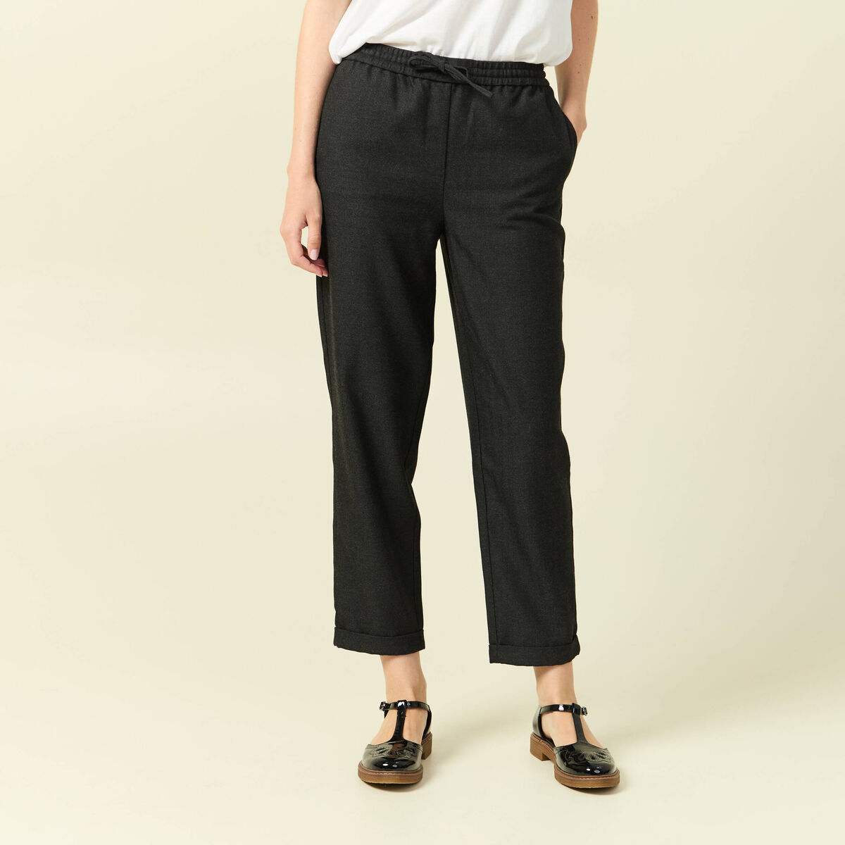 Pantalon taille haute en jeans gris fonc&eacute; femme