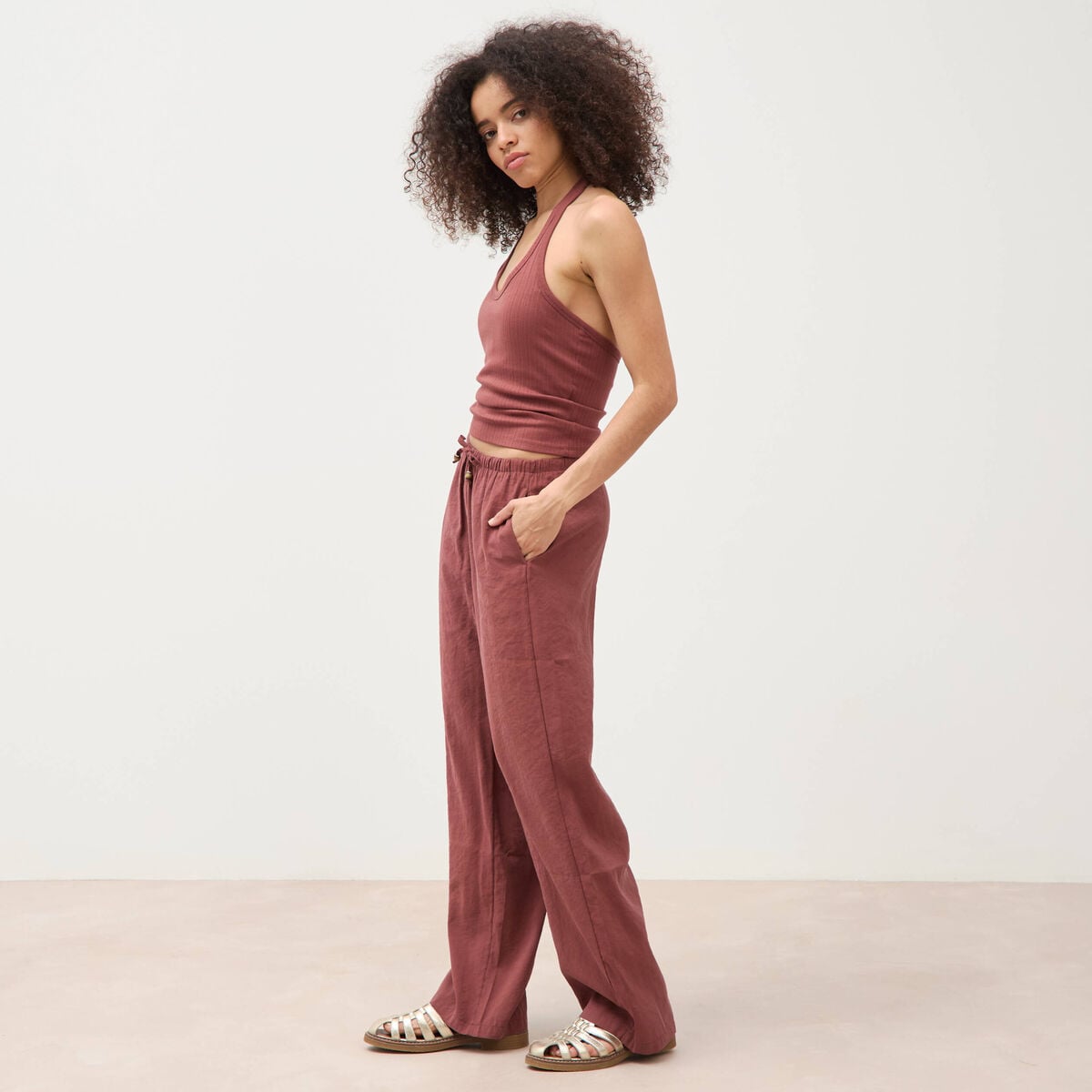 Pantalon large taille standard fluide marron cognac femme
