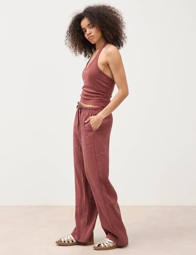 Pantalon large taille standard fluide marron cognac femme