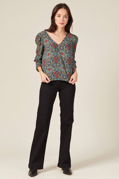 Blouse manches 3/4 dos en V noir femme