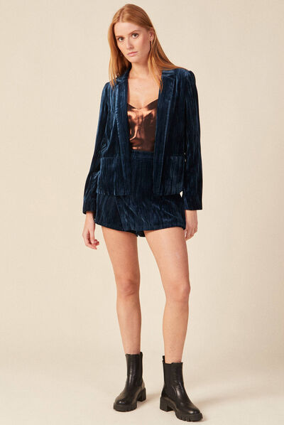 Jupe-short ajustée velours bleu canard femme