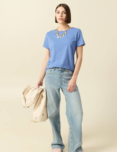 T-shirt cintr&eacute; col rond manches courtes bleu lavande femme