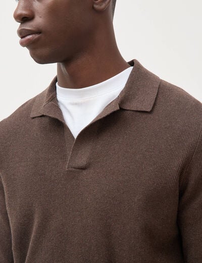 Pull droit col polo manches longues marron homme