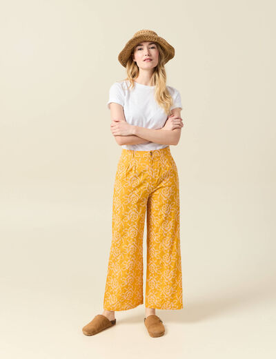 Pantalon large brodé jaune femme