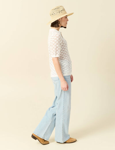 Pull manches courtes ajouré blanc femme