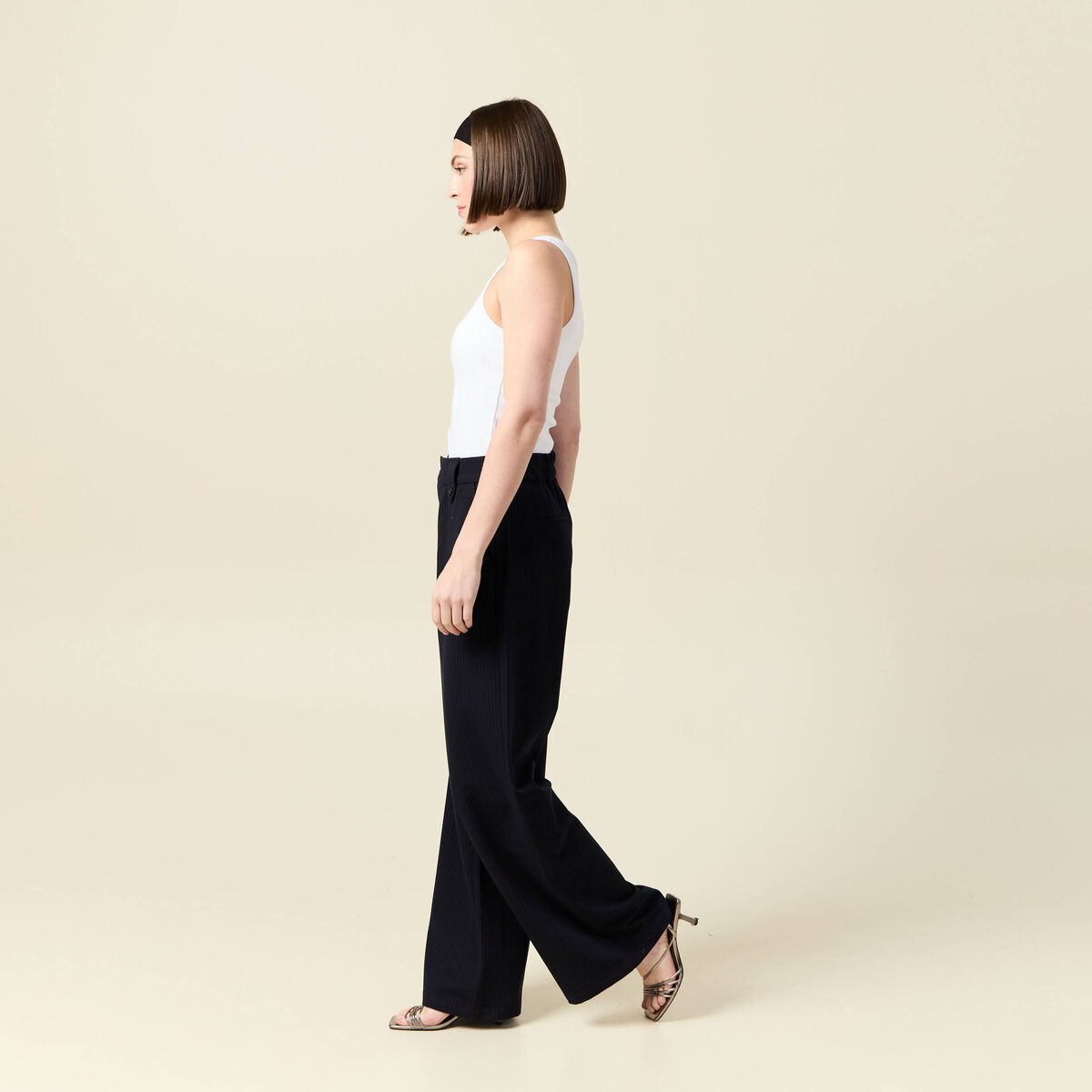 Pantalon large taille haute fluide bleu marine femme