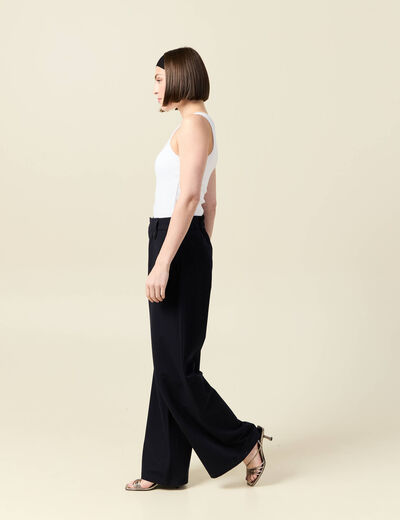 Pantalon large taille haute fluide bleu marine femme