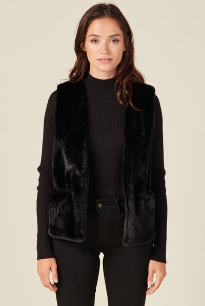 Veste droite fausse fourrure noir femme