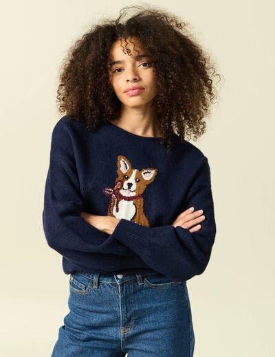Pull col rond manches longues bleu marine femme