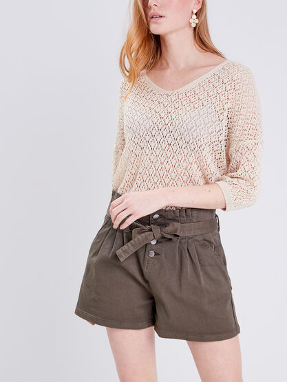 Short large a ceinture nouee vert fonce femme