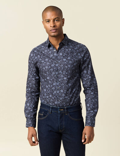 Chemise cintr&eacute;e en coton manches longues bleu marine homme