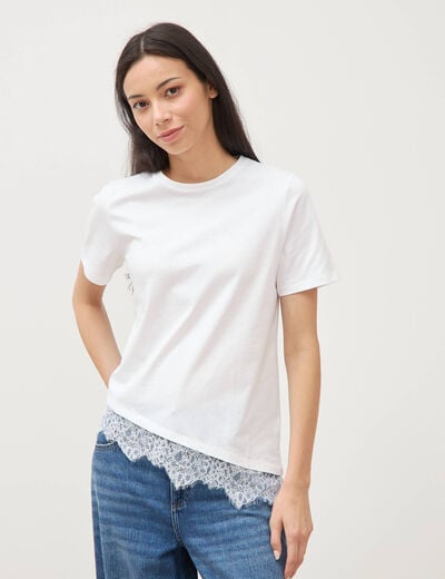 T-shirt droit col rond avec dentelle ecru femme