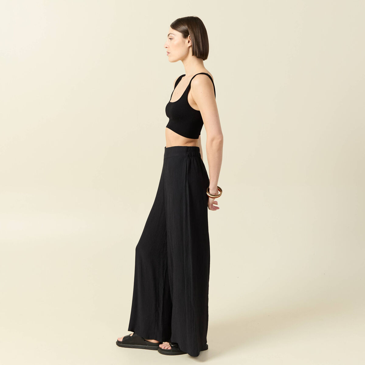 Pantalon large taille haute fluide noir femme