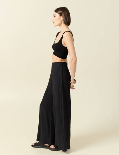 Pantalon large taille haute fluide noir femme