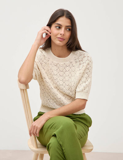 Pull droit court ajour&eacute; manches courtes camel femme