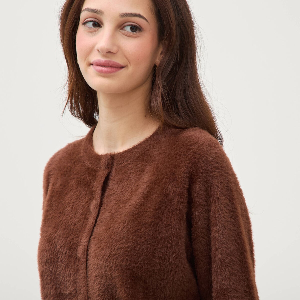 Gilet droit manches longues col rond marron femme