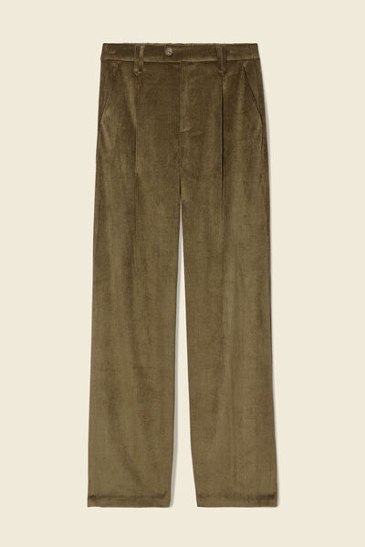 Pantalon large velours pinces vert kaki femme