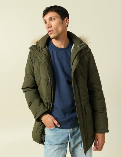 Parka longue droite &agrave; capuche vert kaki homme