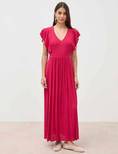 Robe fluide col v manches courtes rouge clair femme
