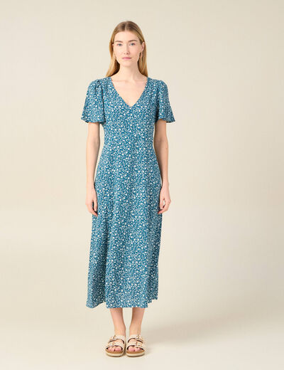 Robe longue droite col v manches courtes bleu femme