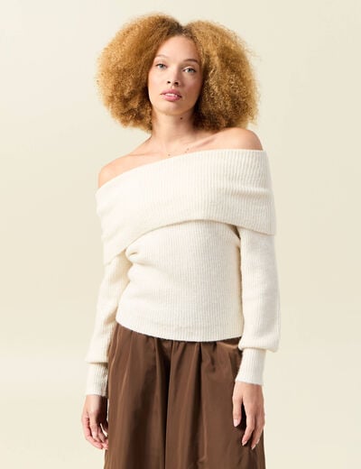 Pull manches longues col bardot ecru femme