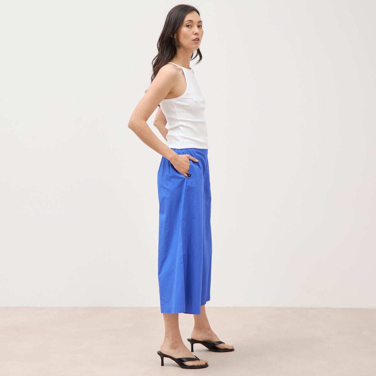 Pantalon large taille haute 3/4 en coton bleu electrique femme