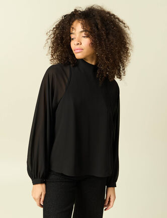 Blouse oversize col montant doubl&eacute;e noir femme