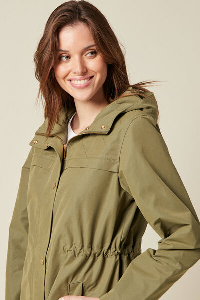 Parka à capuche déperlante vert kaki femme