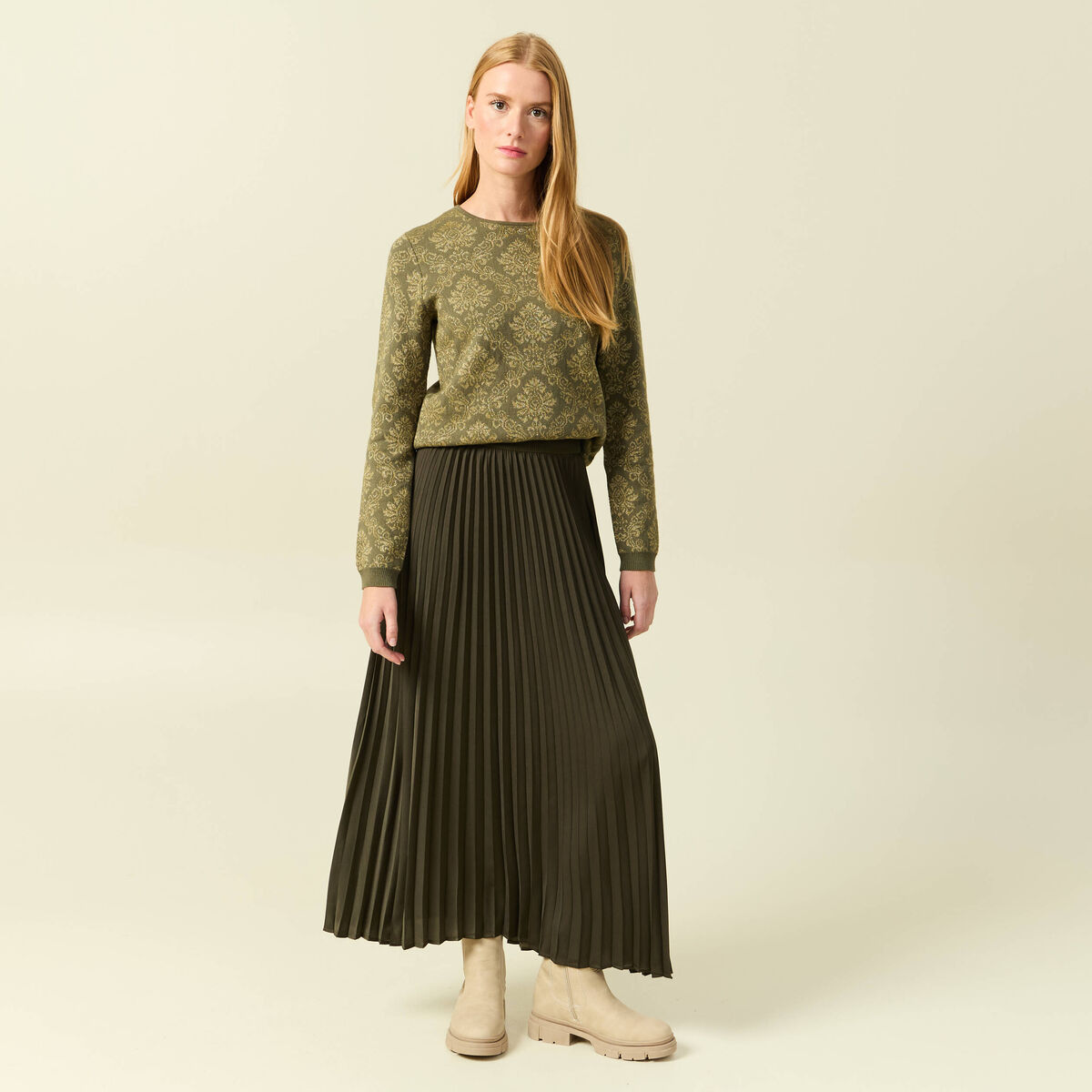 Jupe pliss&eacute;e longue vert kaki femme