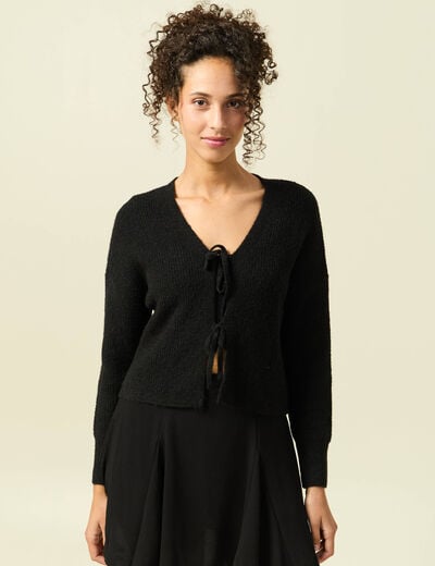 Gilet col V manches longues n&oelig;uds noir femme