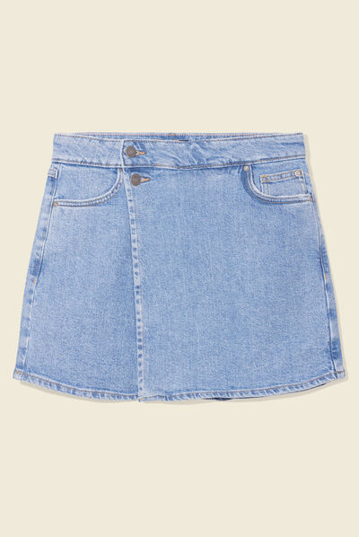 Jupe-short droite en jean denim bleach femme