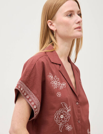 Chemise ample manches courtes marron cognac femme