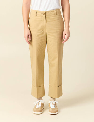 Pantalon large cropped taille haute beige femme