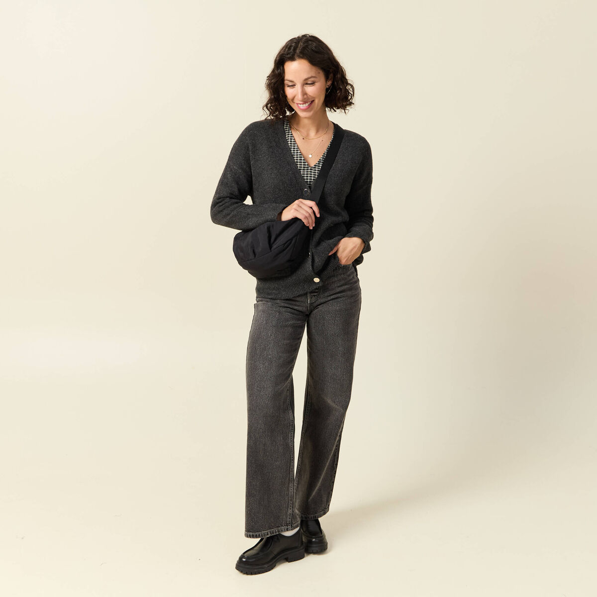Gilet manches longues gris fonc&eacute; femme