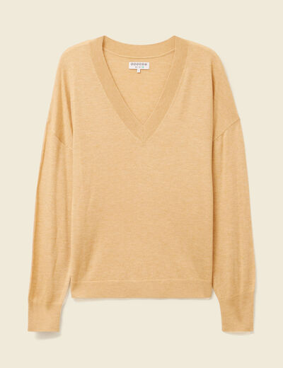 Pull fin col V manches longues marron clair femme