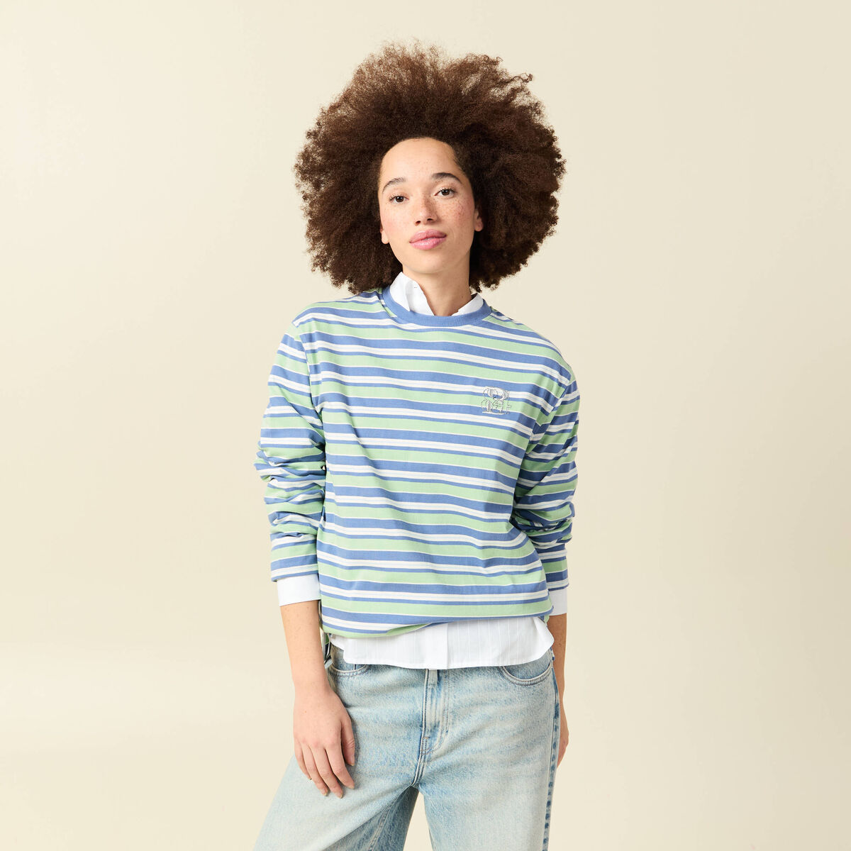 T-shirt ray&eacute; col rond manches longues vert menthe femme