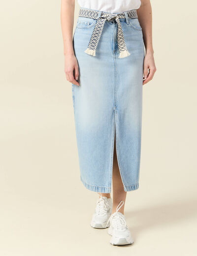 Jupe longue droite en jean denim bleach femme