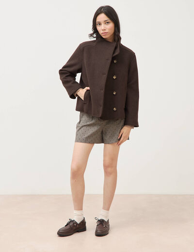 Veste oversize courte col tailleur marron fonc&eacute; femme