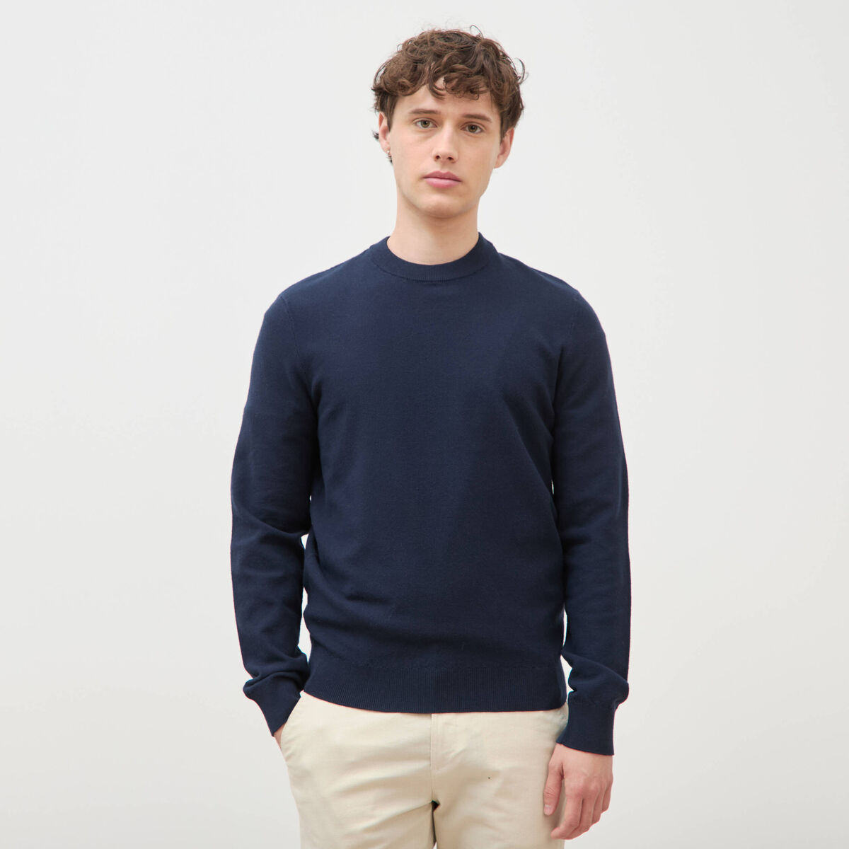 Pull manches longues col rond bleu marine homme