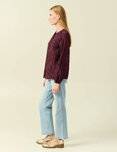 Chemise col rond manches longues brod&eacute;e prune femme