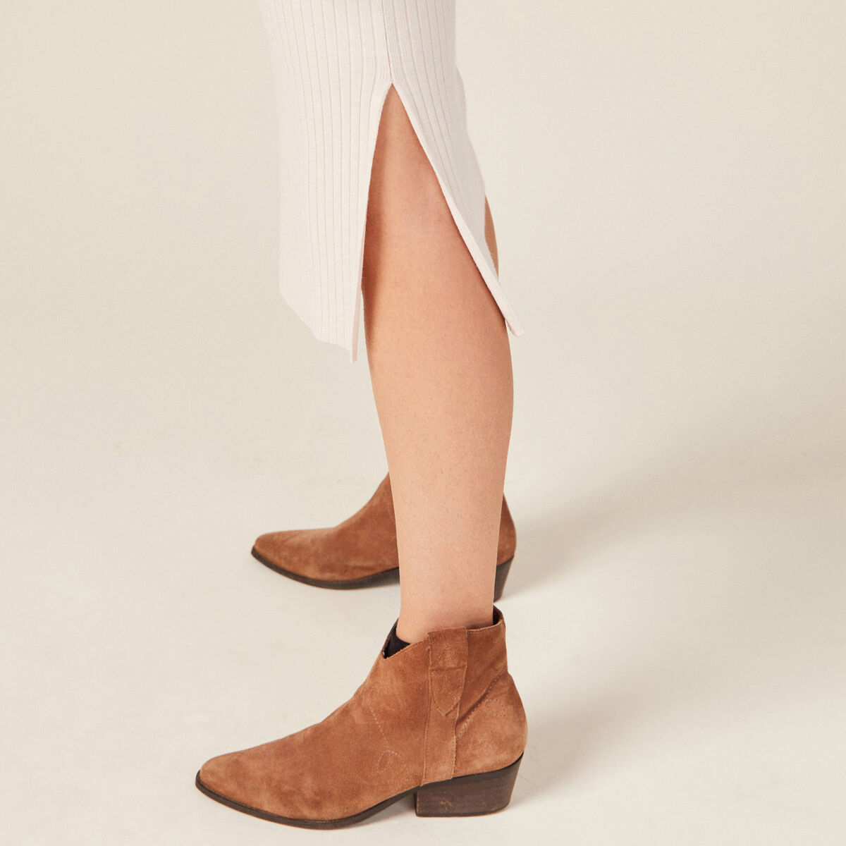 Jupe tricot midi ajustée beige femme