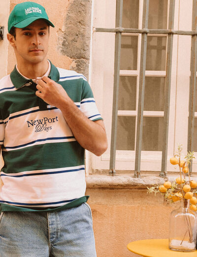 Polo ray&eacute; coupe ample manches courtes blanc homme
