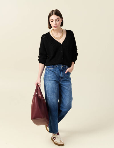 Gilet ajouré col V manches longues noir femme