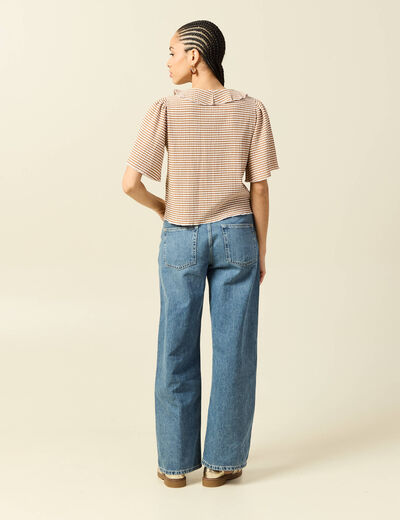 T-shirt col V &agrave; volants manches courtes marron clair femme